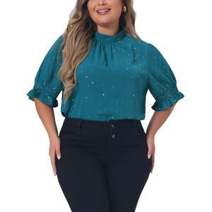 Plus Size Blouse Pleated Mock Neck Star Print Puff Sleeve Tops Blue